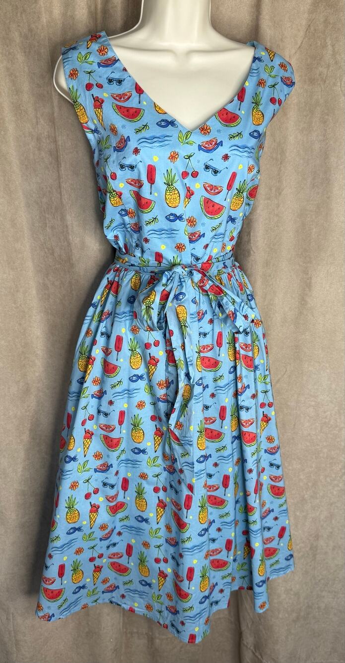 Tulip B By Unique Vintage Blue Summer Fruit Sleeveless Dress S NWT
